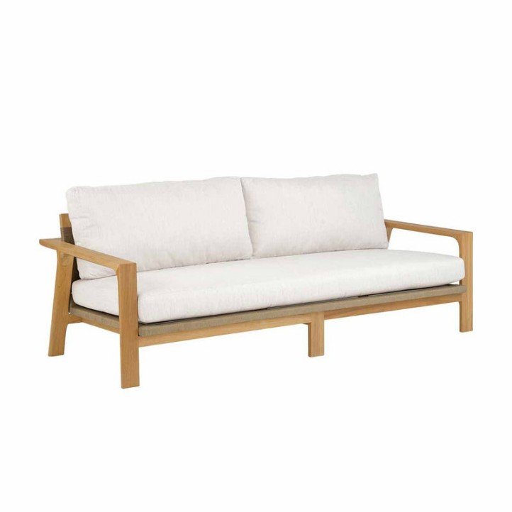 2.Coastal Teak Outdoor Sofa Modern 3-Seater Patio Couch with White Cushions All-Weather Deep Seating Loveseat