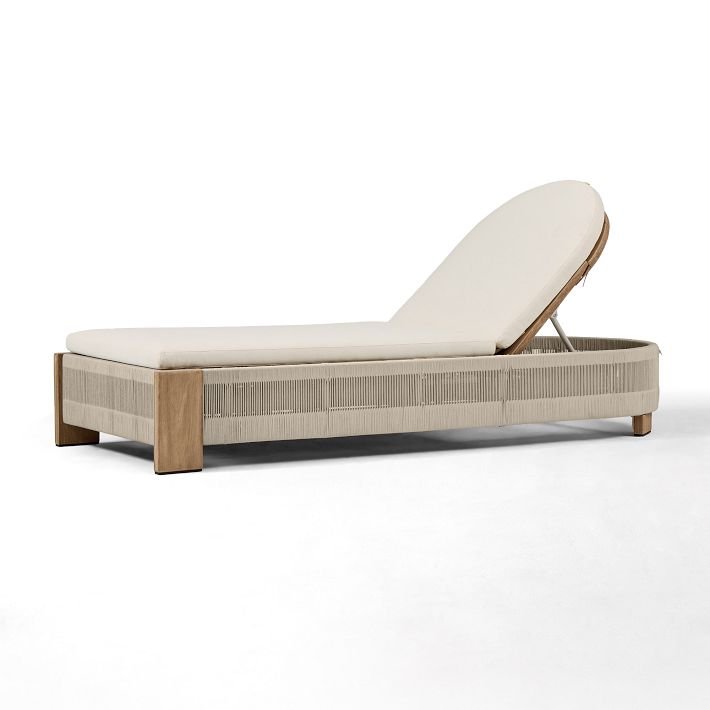 2.Luxury Teak and Rope Wooden Garden Lounger Adjustable Back Poolside Chaise Lounge with White Cushions