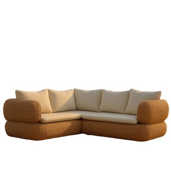 2.Modern Weatherproof Outdoor Corner Sofa Set Rounded Arm Resin Wicker Sectional with Beige Cushions