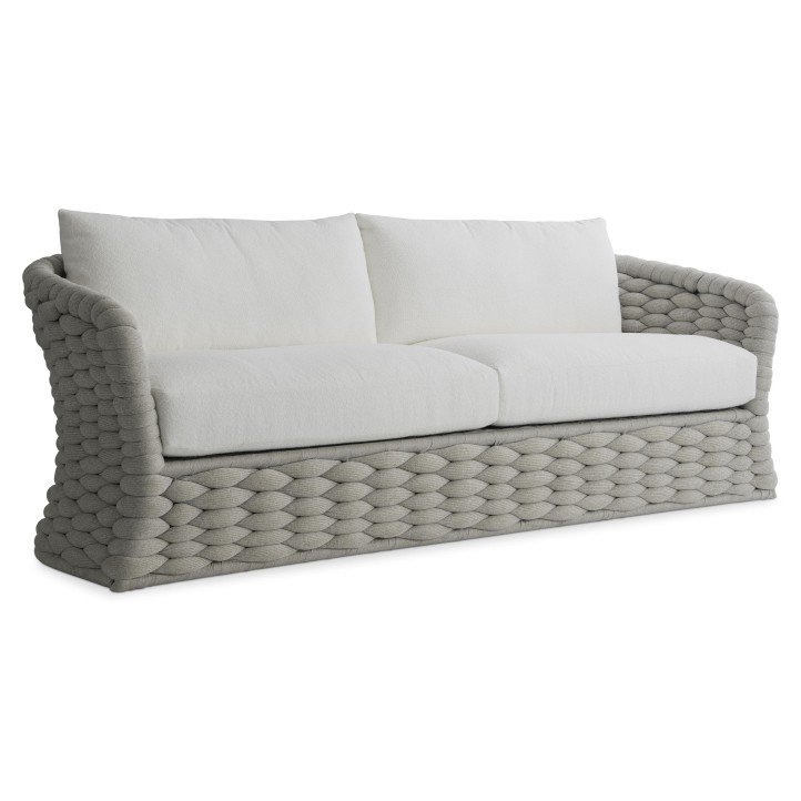 2.Luxury Outdoor Braided Rope Sofa Gray All-Weather Poly-Rope Couch with White Cushions Contemporary Deep Seating Patio Loveseat
