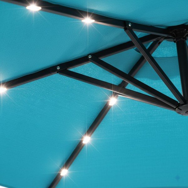 3.10 Ft Commercial Umbrella with Solar LED Lights Turquoise Offset Cantilever Umbrella and Cross Base