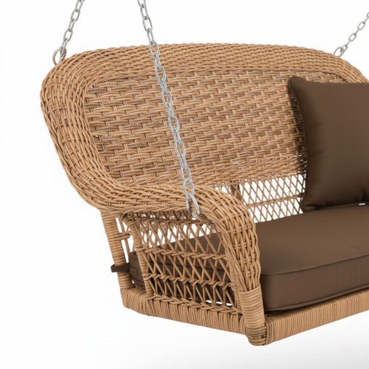 3.All-Weather Wicker Porch Swing with Deep Brown Cushions 2-Seater Outdoor Hanging Loveseat