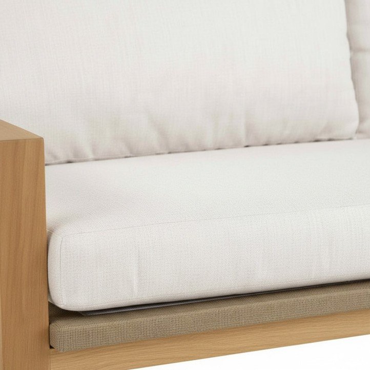 3.Coastal Teak Outdoor Sofa Modern 3-Seater Patio Couch with White Cushions All-Weather Deep Seating Loveseat