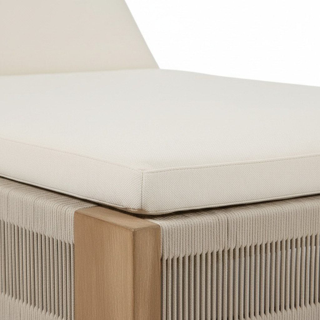 3.Luxury Teak and Rope Wooden Garden Lounger Adjustable Back Poolside Chaise Lounge with White Cushions