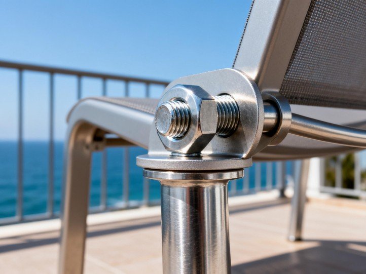 316L stainless fasteners and isolation pads on outdoor steel furniture in coastal site