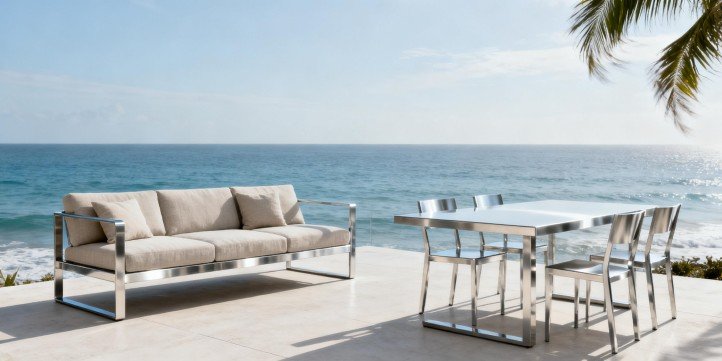 Coastal terrace with 316L stainless outdoor sofa and dining set