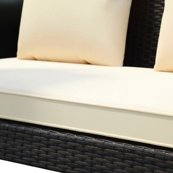 4.Black Rattan Outdoor Swing with Beige Cushions Modern 2-Seater Patio Hanging Loveseat Weatherproof Porch Bench