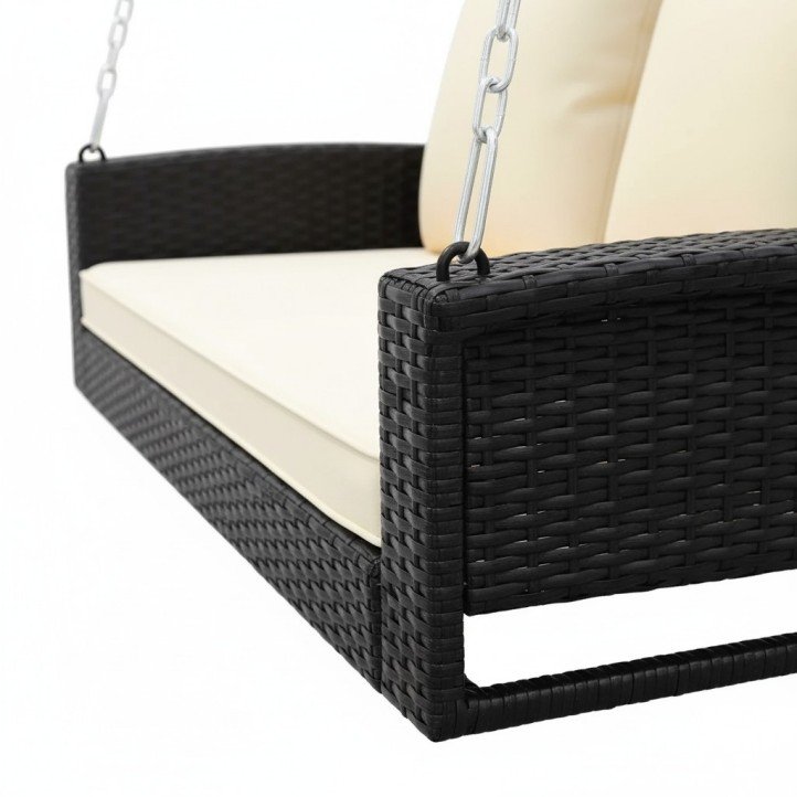 5.Black Rattan Outdoor Swing with Beige Cushions Modern 2-Seater Patio Hanging Loveseat Weatherproof Porch Bench