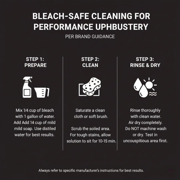 Bleach-safe cleaning steps for performance upholstery per brand guidance