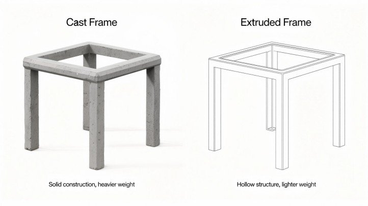 Cast vs. extruded outdoor furniture frame side-by-side comparison