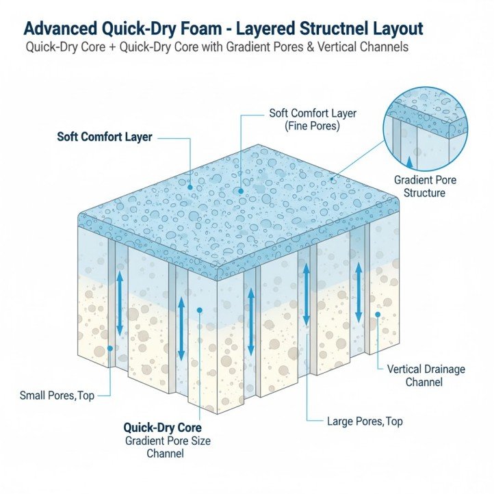 Foam cross-section showing layered soft cover and vertical drainage channels