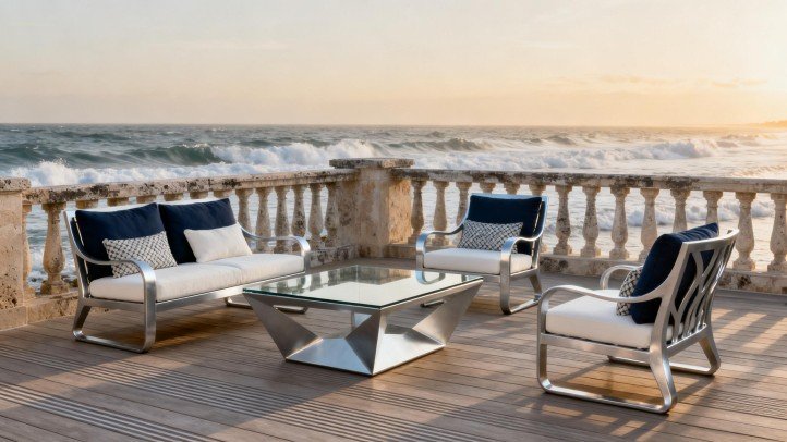 High end cast aluminum patio furniture on a hotel oceanfront terrace