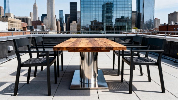 Industrial outdoor furniture on urban rooftop—brushed stainless base, matte black aluminum frames, reclaimed teak tabletop
