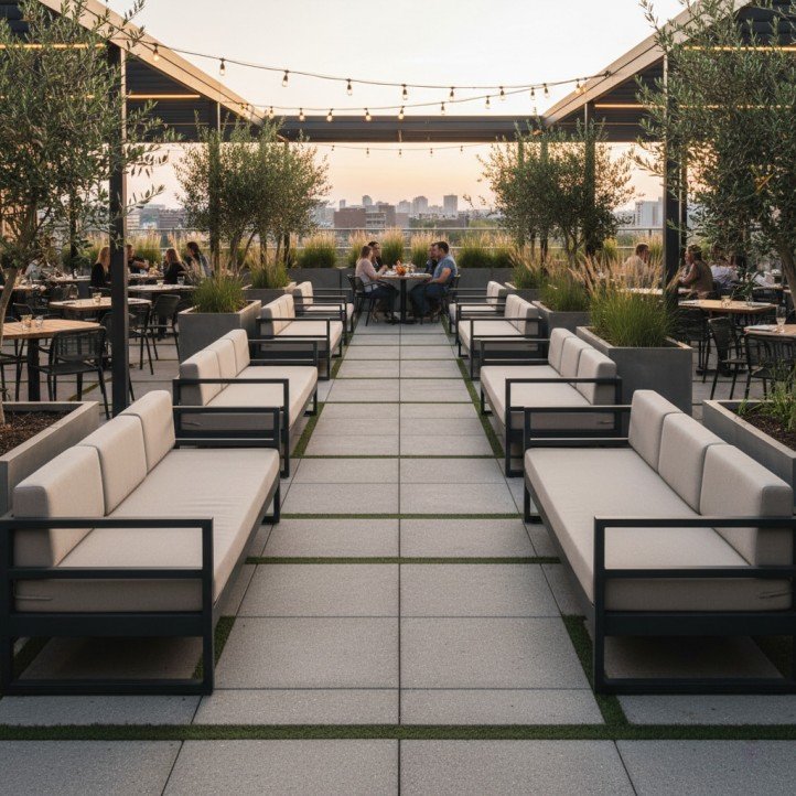 Linear outdoor sofa modules aligned to maintain 36-inch ADA clear route on restaurant terrace