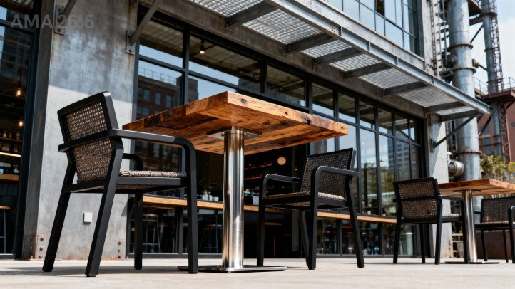 Matte black AAMA 2605 aluminum chairs, reclaimed teak tabletop, brushed stainless base—urban café façade