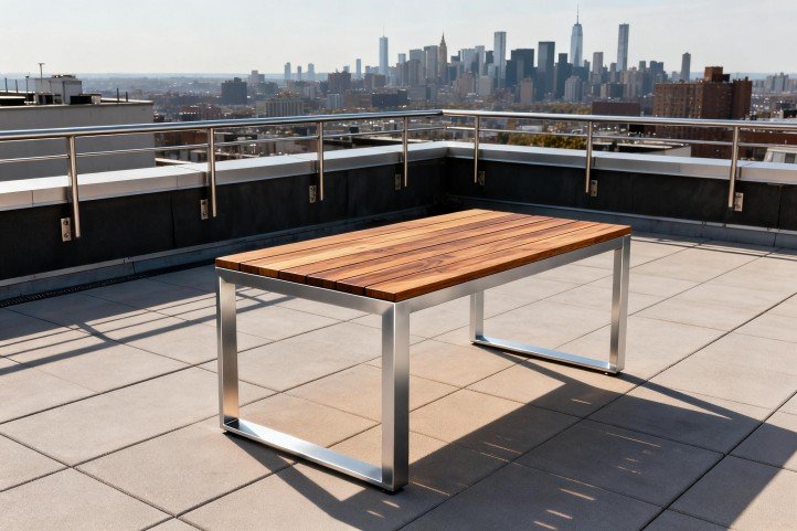 Powder-coated aluminum frame with teak tabletop on rooftop, light-maintenance coastal setup