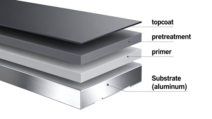 Powder coating stack-up on aluminum substrate, pretreatment, primer, topcoat
