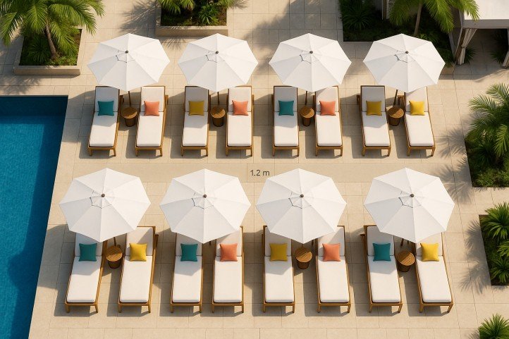 Resort pool deck layout with teak chaises, bright pillows, and 1.2 m service aisle