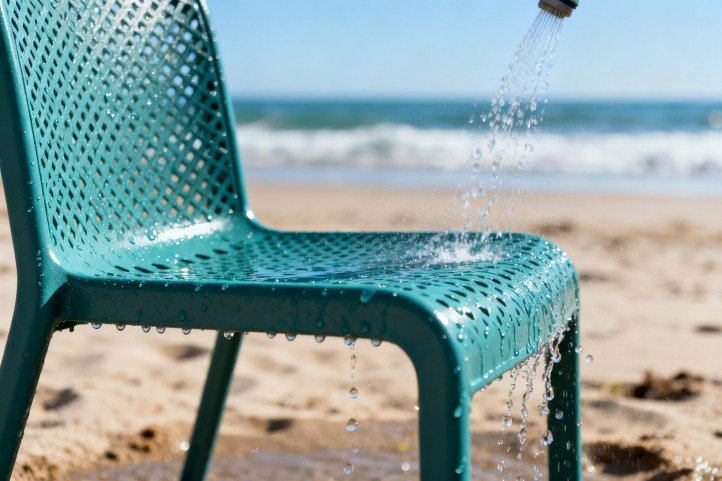 Rinsing powder-coated cast aluminum chair in a coastal environment
