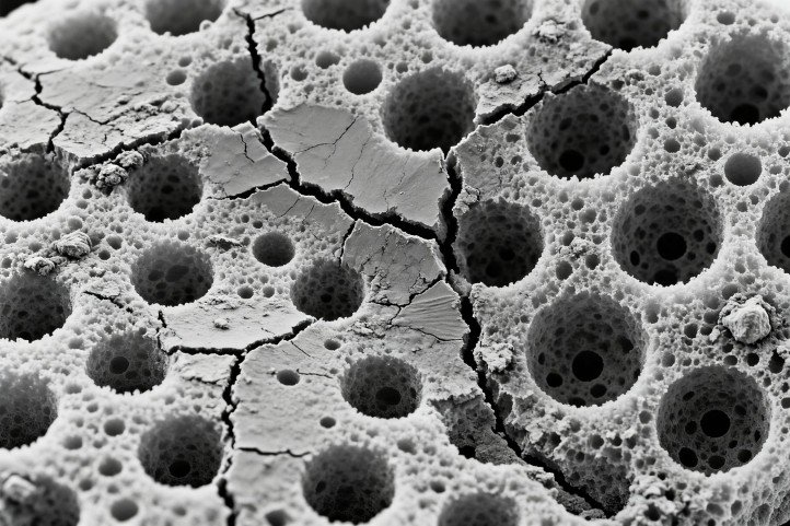 SEM micrograph of foam strut degradation after aging