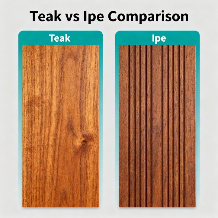 Teak and Ipe compared side by side under rain, surface performance contrasted
