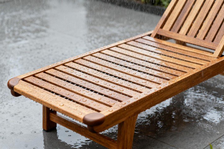 Can Outdoor Wood Furniture Get Wet — teak poolside lounger in light rain, drainage gaps and rounded edges