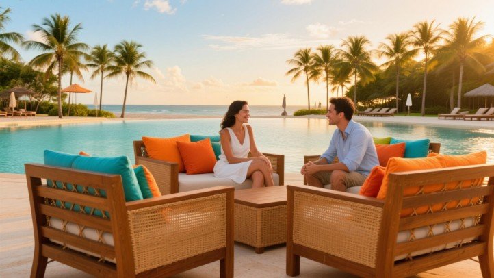 Tropical resort outdoor furniture with teak frames, rattan textures, and bright cushions around a beachfront pool