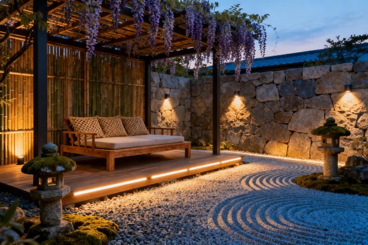 Zen outdoor lounge at dusk with fully shielded linear path lights and low-glare wall washers