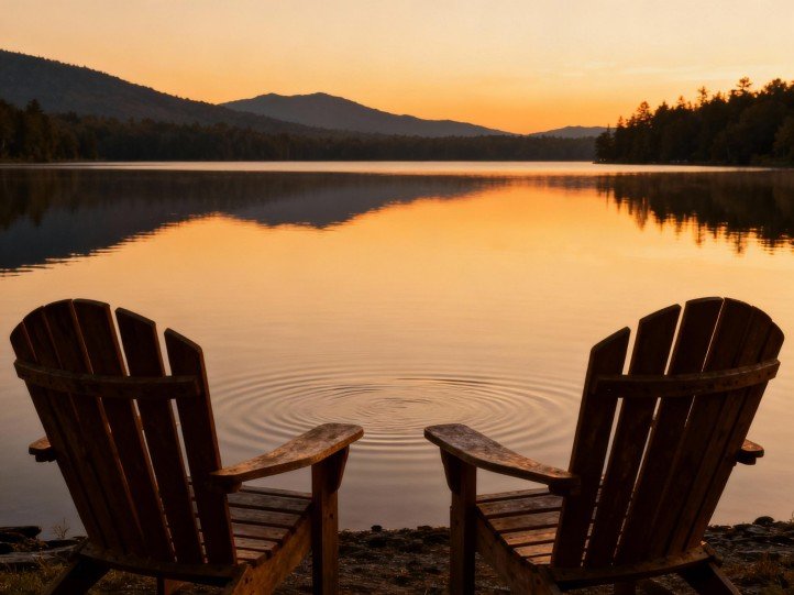 Two Adirondack chairs facing a calm lake at dusk