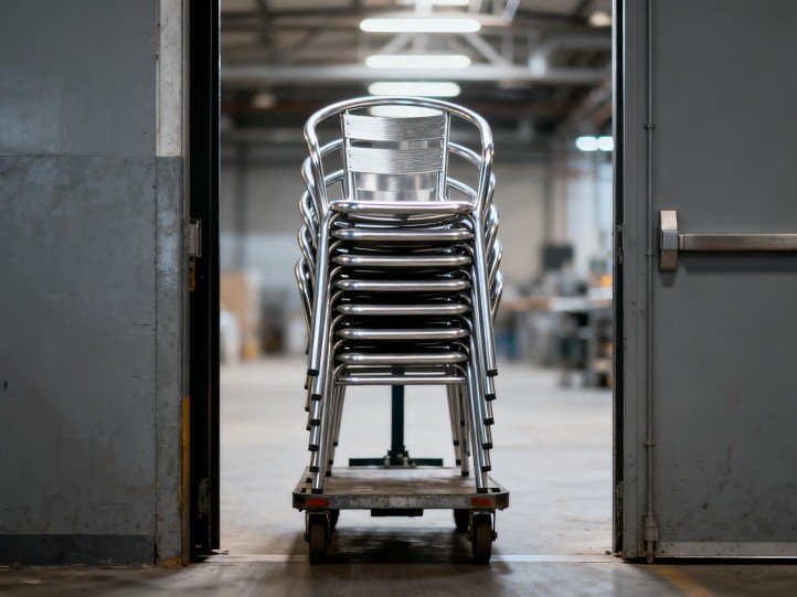 Aluminum stackable outdoor chairs on a dolly—single-person transport of 10 units