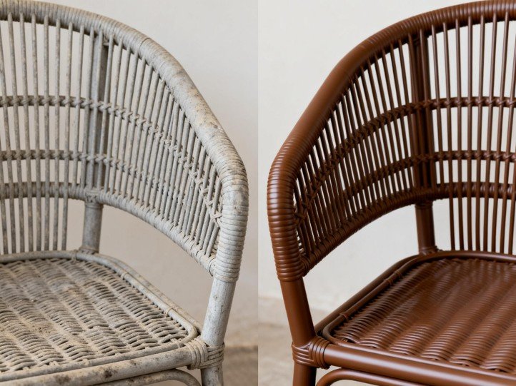 Before-and-after of the same wicker chair repainted in mocha brown, showing improved color depth and dirt-hiding performance.