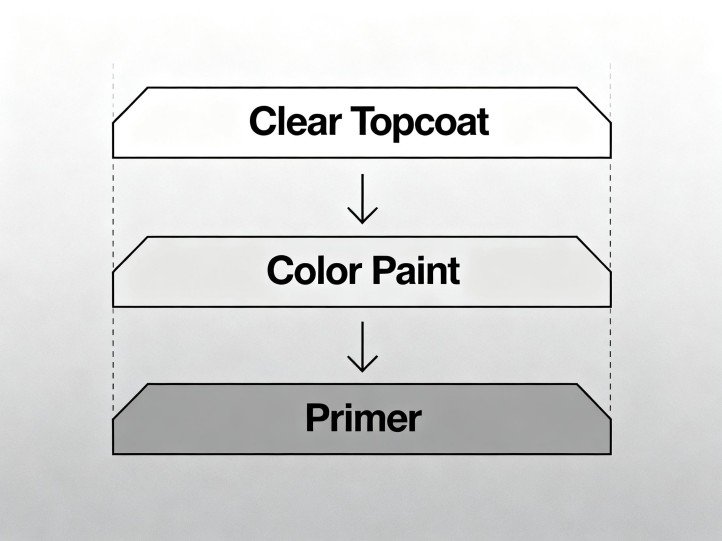 Three-layer coating diagram for outdoor wicker: primer, color coat, and clear enamel topcoat to improve adhesion and UV durability.