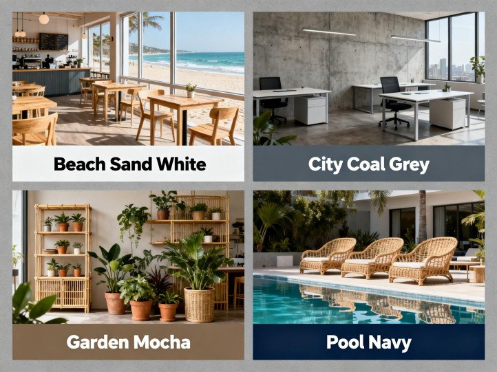 Color-and-scenario moodboard—coastal sand/bone, urban charcoal, garden mocha, and poolside navy—to guide wicker spray-paint selection.