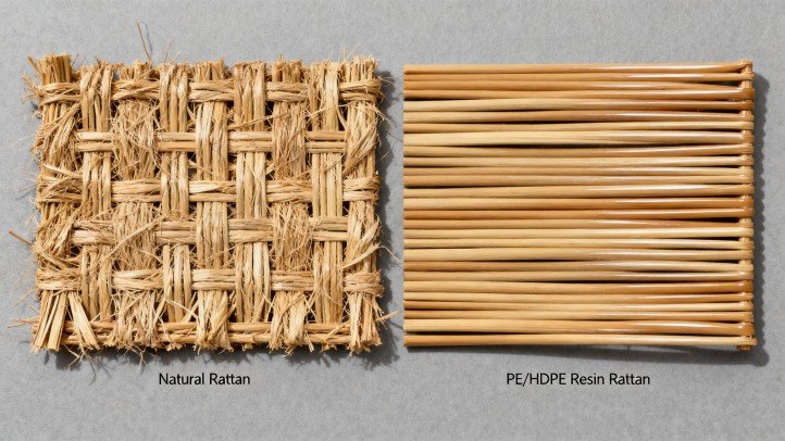 Side-by-side macro of natural rattan fibers (left) and PE/HDPE resin wicker (right) highlighting surface differences before painting.