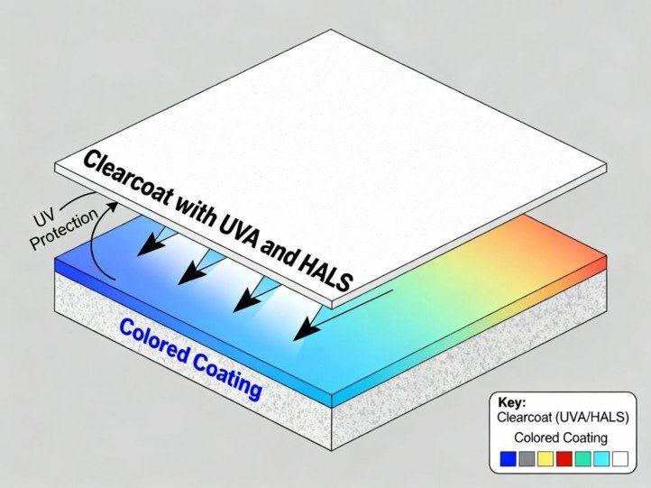 Clearcoat with UVA and HALS protecting colored coating underneath