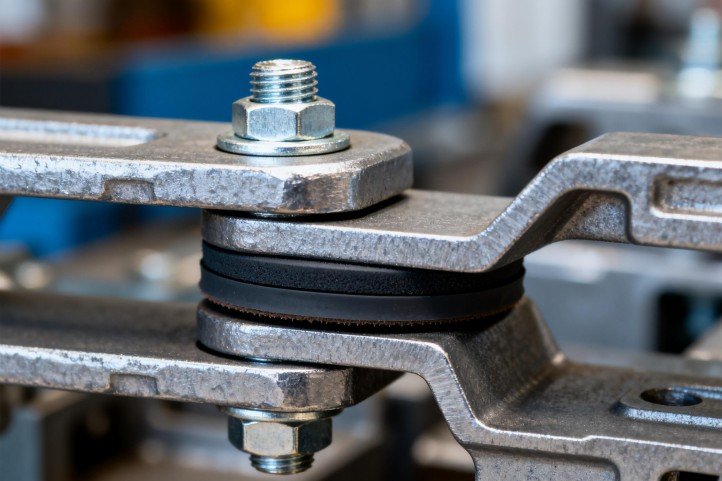 close-up of double railing clamp with rubber shims and set screws