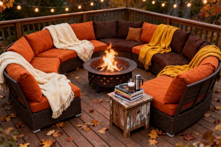 Fall C-shape modular sectional around a fire pit for outdoor movie night, warm blankets and side table.