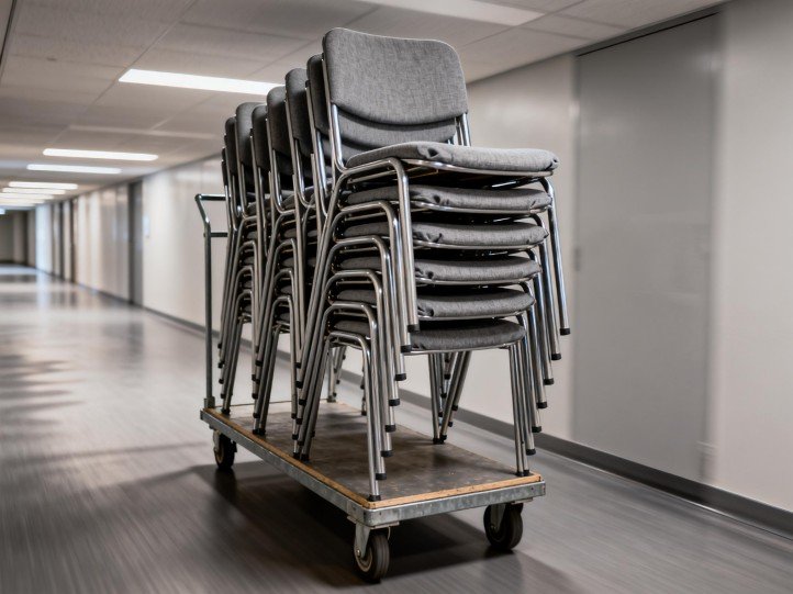 Folding chairs on a vertical cart—rapid burst seating for events