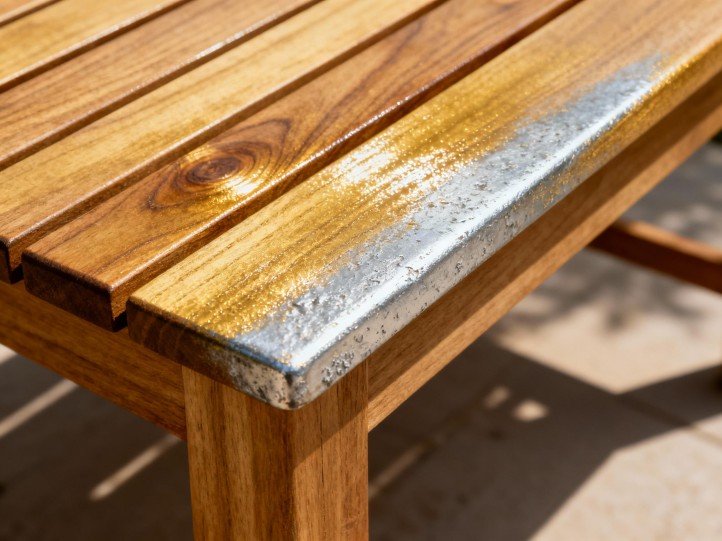FSC-certified teak outdoor furniture showing natural oils and weathered silver patina
