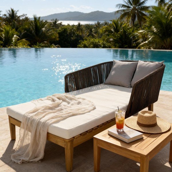 Teak and woven-rope Garden Sun Loungers styled by an infinity pool with tropical view, showing relaxed resort look and deep-seating comfort for hotels and homes.