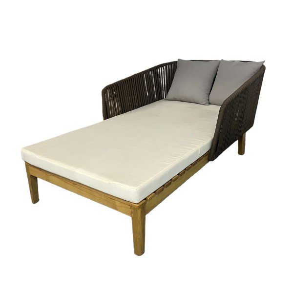 Resort-style chaise lounge with teak slat seat and legs, woven-rope backrest and two pillows; size 27"H × 60"W × 70"D, ideal Garden Sun Loungers for patios and poolsides.