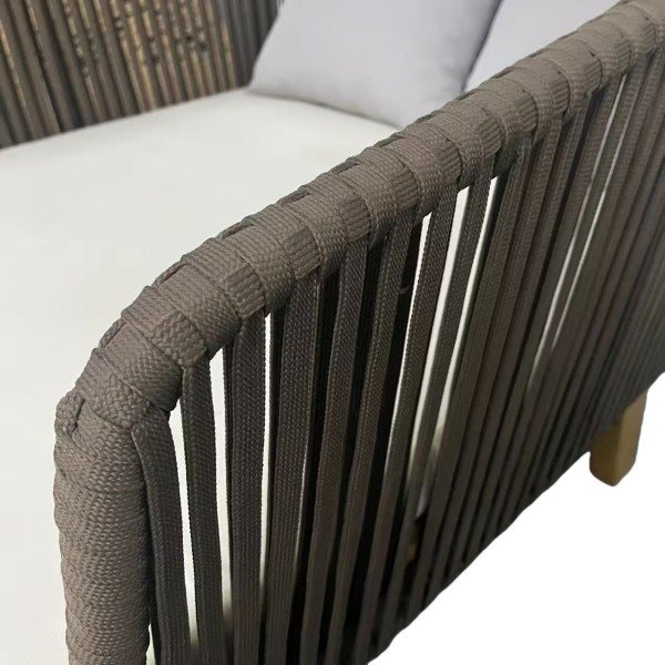 Arm detail of Luxury Teak and Rope Garden Sun Loungers—taupe woven rope wrapped over an aluminum frame with smooth rounded edge, showing tight weave and UV-resistant durability.