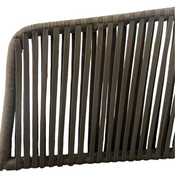 Vertical woven-rope back panel on the chaise, evenly tensioned over the aluminum rail for breathable support and long-term outdoor use.