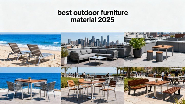 Hero collage showing aluminum, 316 stainless steel, teak, and HDPE in coastal, rooftop, and public settings — best outdoor furniture material 2025