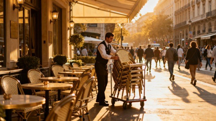 Peak-hour capacity boost using stackable outdoor chairs on a hotel patio