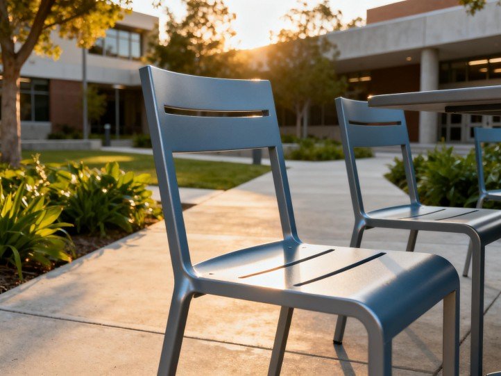 Powder-coated aluminum chairs with AAMA 2604 finish in an inland campus courtyard