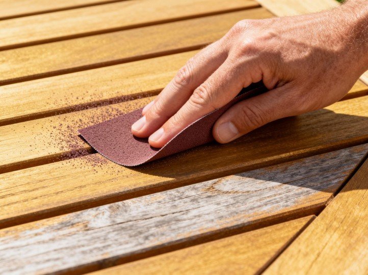 Feather-sanding with 220 grit to restore and maintain teak outdoor furniture