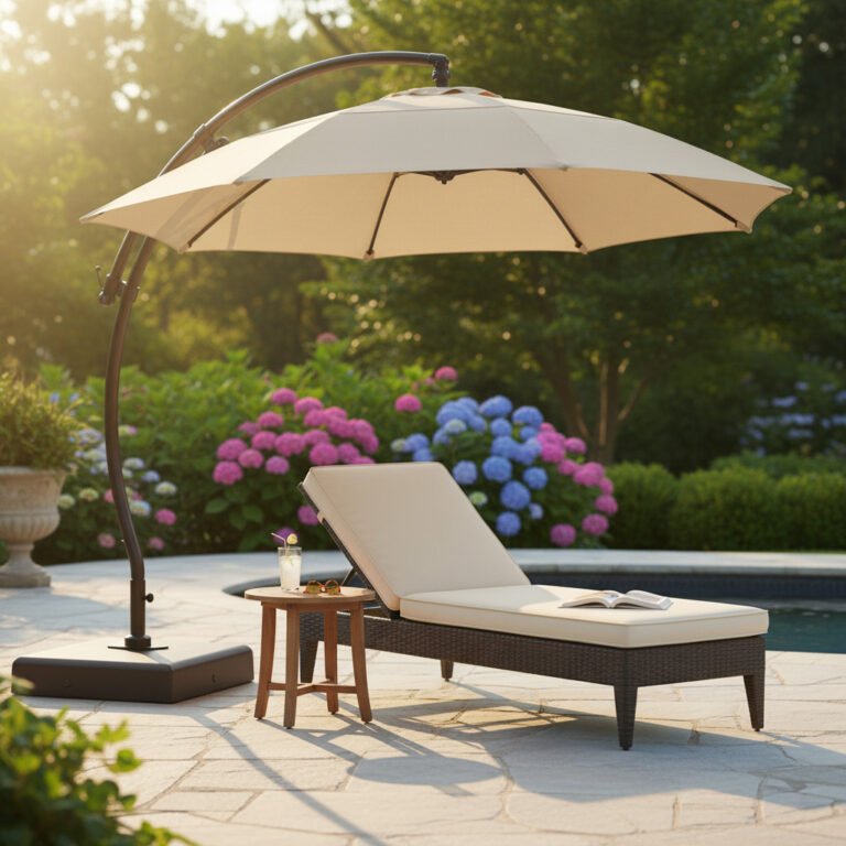 Offset Patio Umbrella providing perfect shade for a poolside chaise lounge chair.