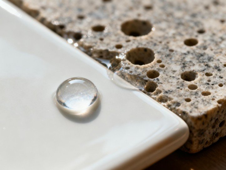Nonporous porcelain makes liquid bead; porous stone shows absorption contrast