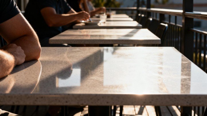 Outdoor dining tabletops with seamless, nonporous surfaces on a sunlit patio